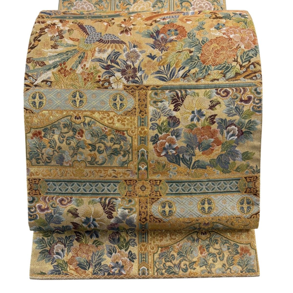 【美品】 袋帯 名品 草花 鳥 金糸 箔 金色 お太鼓柄 正絹 【中古】