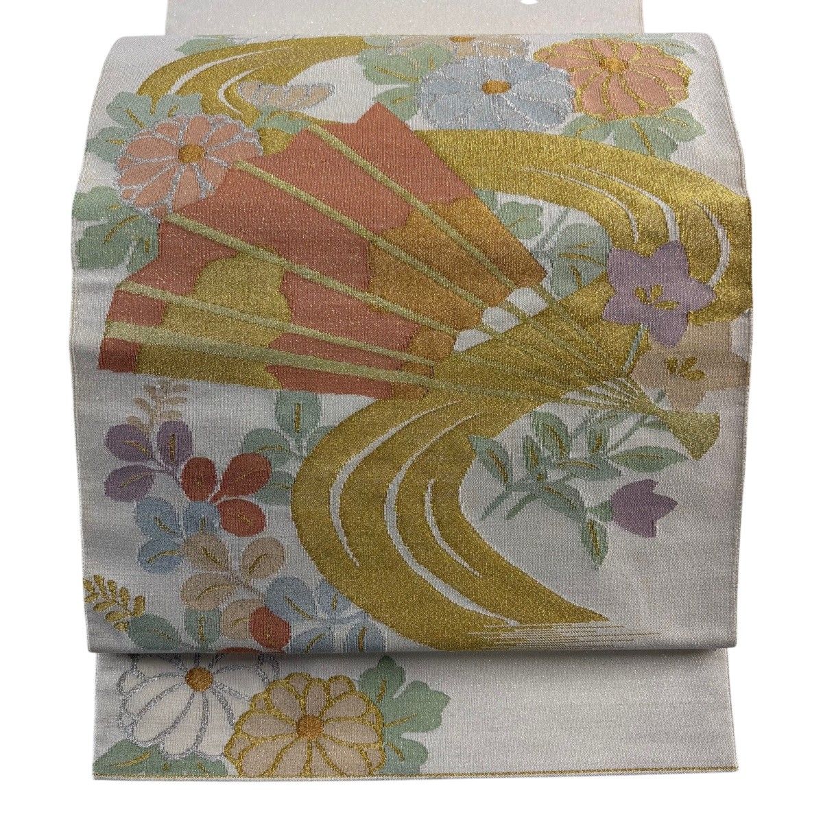 袋帯 名品 秋草 扇 金銀糸 クリーム お太鼓柄 正絹 【中古】