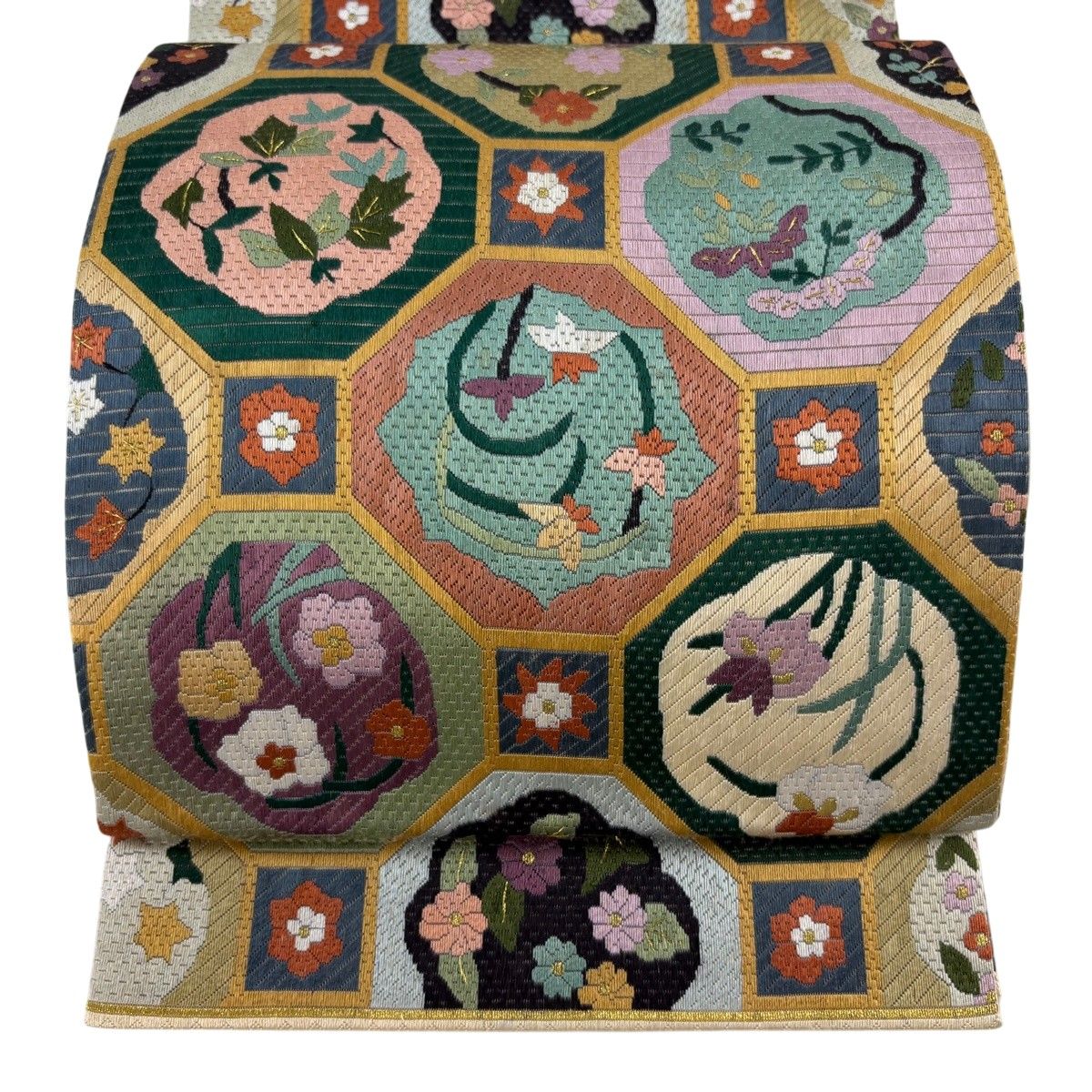 袋帯 逸品 蜀江文 草花 絽刺し 金糸 薄紫 全通 正絹 【中古】