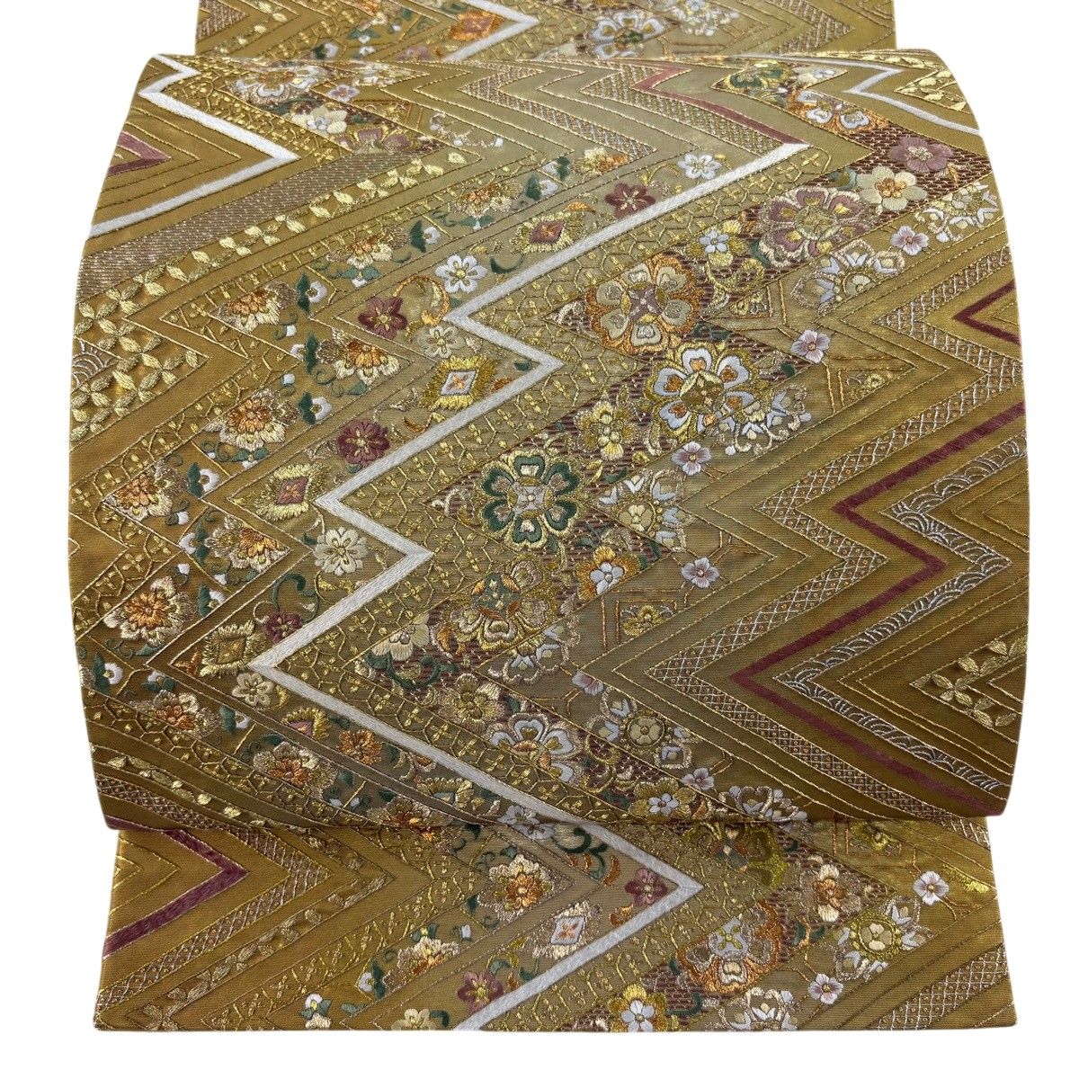 袋帯 逸品 華文 花唐草 金銀糸 刺繍 黄土色 六通 正絹 【中古】