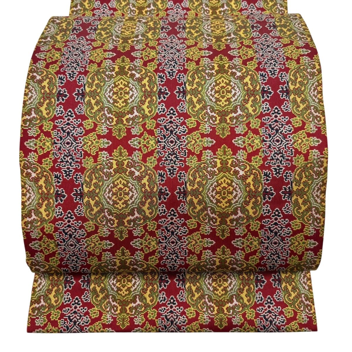 【美品】 開き名古屋帯 逸品 龍村美術織物 比翼仕立て 華文 幾何学 えんじ色 正絹 【中古】