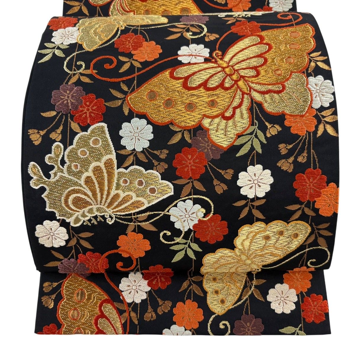 【美品】 袋帯 逸品 河合美術織物 蝶 枝垂れ桜 唐織 金糸 黒 六通 正絹 【中古】