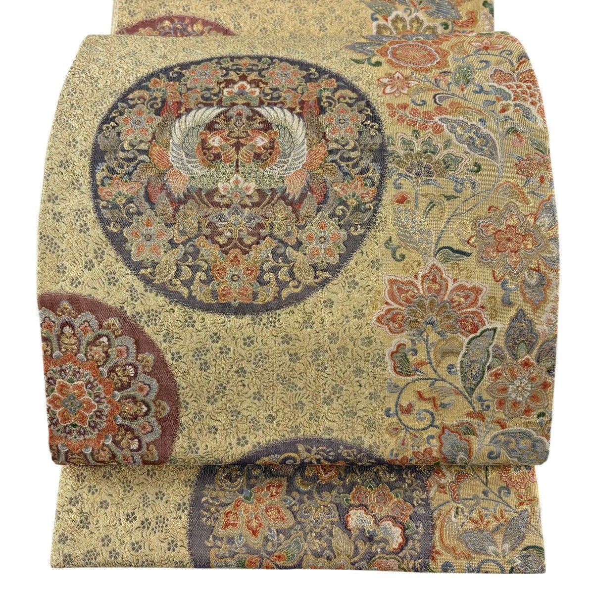 【美品】 袋帯 逸品 向かい鳥 花唐草 金糸 箔 ベージュ 六通 正絹 【中古】