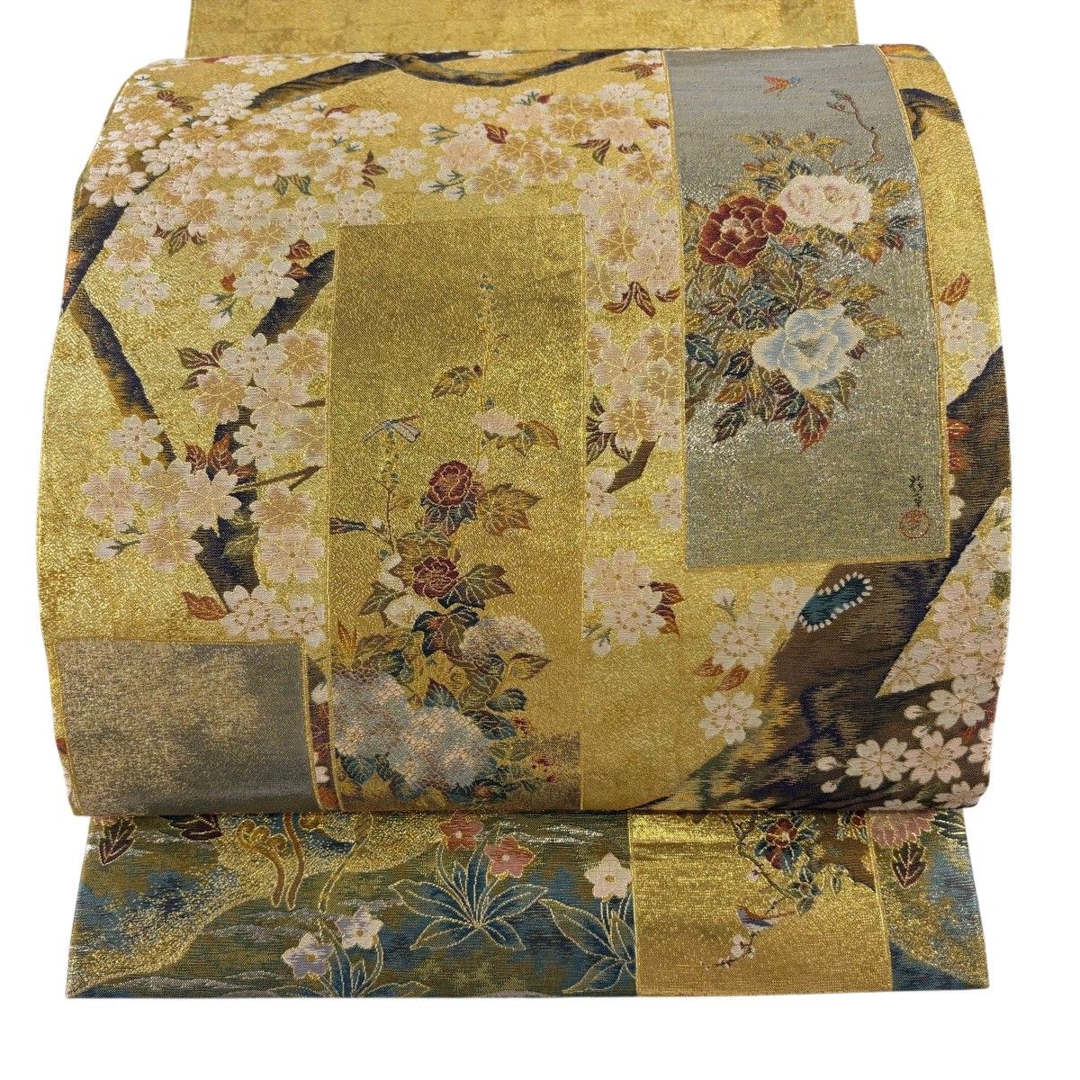 丸帯 逸品 抱一 十二ヶ月花鳥図 楓図屏風 桜 短冊 金糸 箔 金色 お太鼓柄 正絹 【中古】