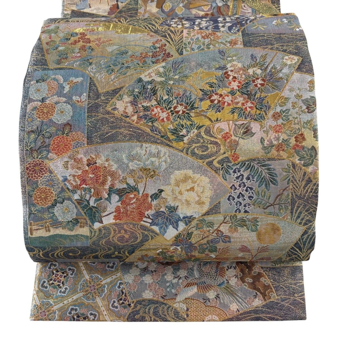 【美品】 丸帯 逸品 伝承国宝図 扇面 草花 箔 青灰色 お太鼓柄 正絹 【中古】