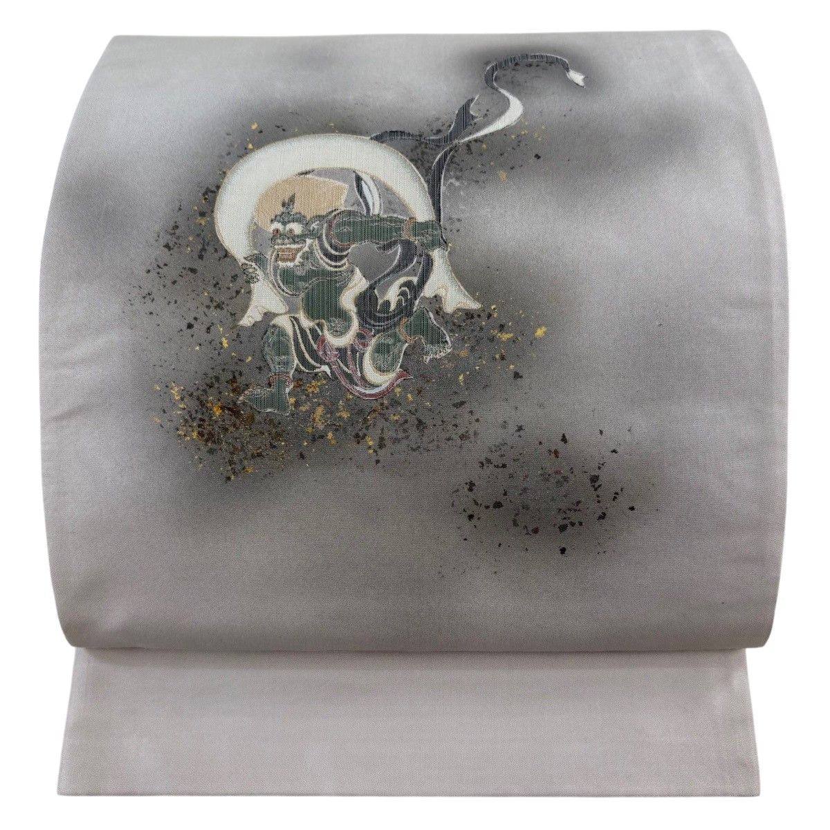 袋帯 逸品 風神雷神 金彩 灰色 お太鼓柄 正絹 【中古】