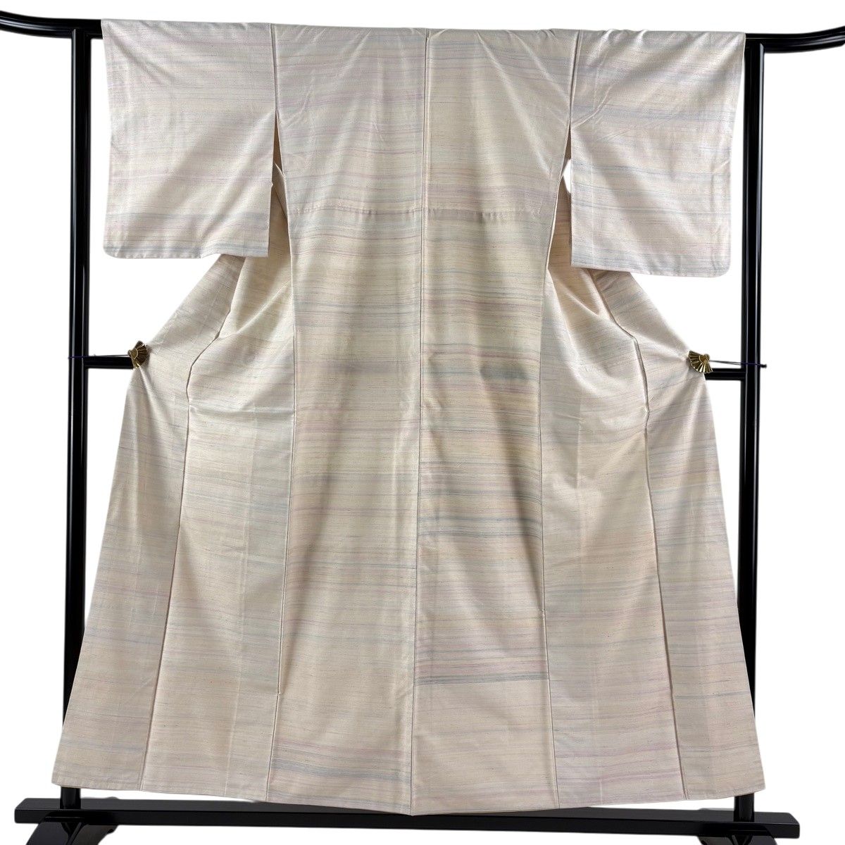 【美品】 紬 身丈152.5cm 裄丈62cm S 袷 横縞 ベージュ 正絹 名品 【中古】