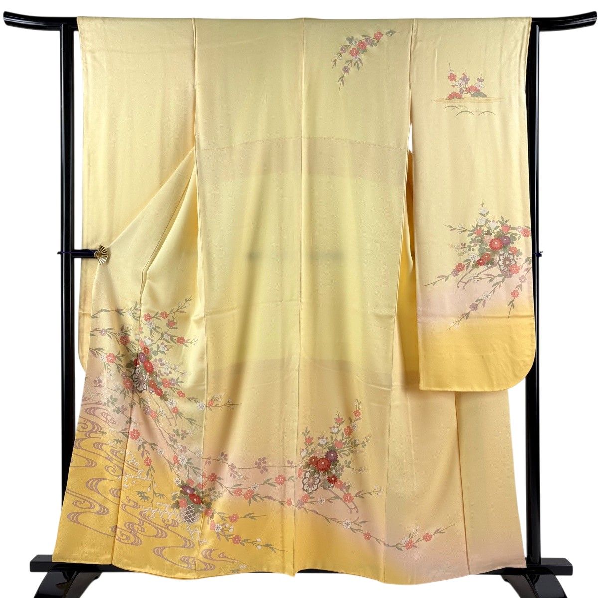 【美品】 振袖 身丈158cm 裄丈62.5cm S 袷 花車 流水 金彩 ぼかし 黄色 正絹 名品 【中古】