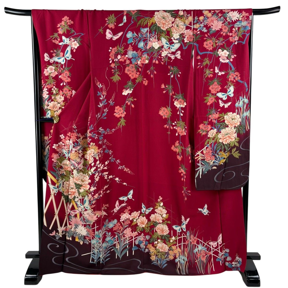 振袖 身丈166.5cm 裄丈67.5cm L 袷 牡丹 蝶 金糸 刺繍 えんじ色 正絹 秀品 【中古】