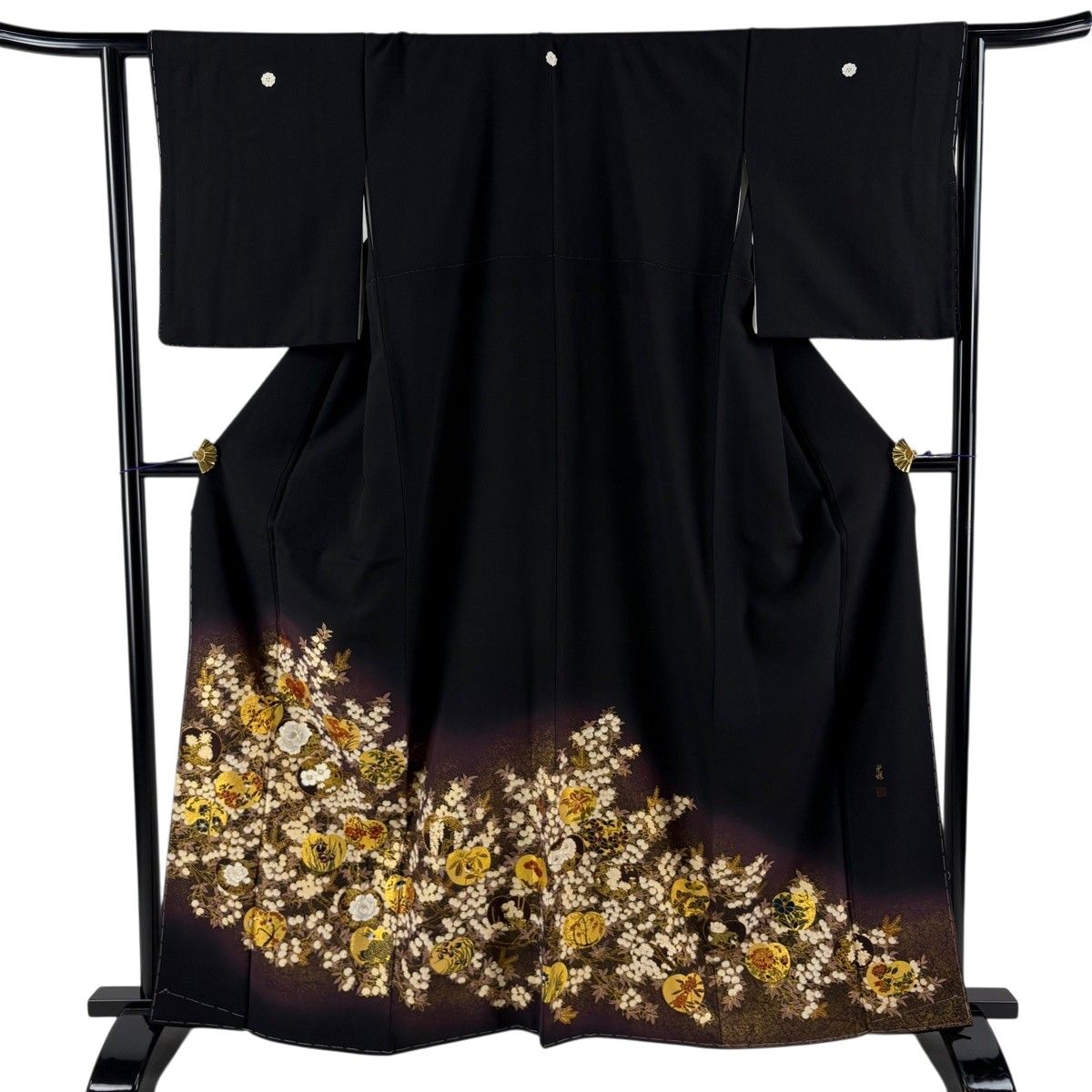 黒留袖 名品 身丈161cm 裄丈63.5cm 正絹 【中古】 美品】 黒留袖 身丈162cm 裄丈63cm S 袷 松尾光琳 落款 団扇 草花 金糸