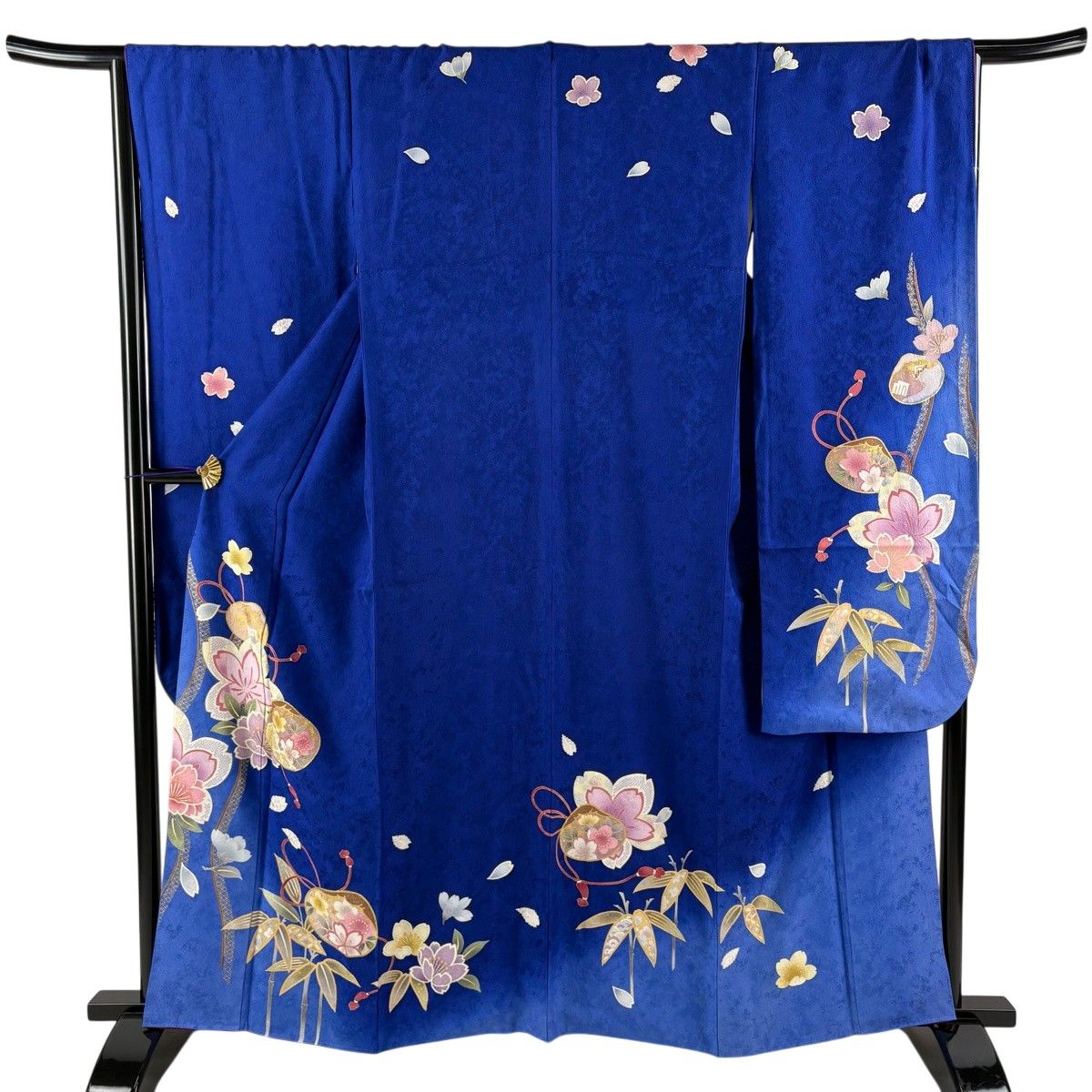 振袖 身丈161cm 裄丈68cm L 袷 貝合わせ 桜 箔 金彩 青 正絹 秀品 【中古】