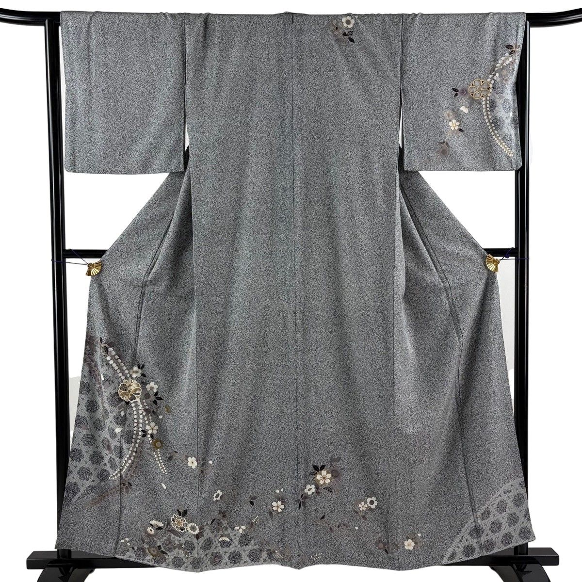 訪問着 身丈159cm 裄丈65.5cm M 袷 桜 藤 金彩 灰色 正絹 秀品 【中古