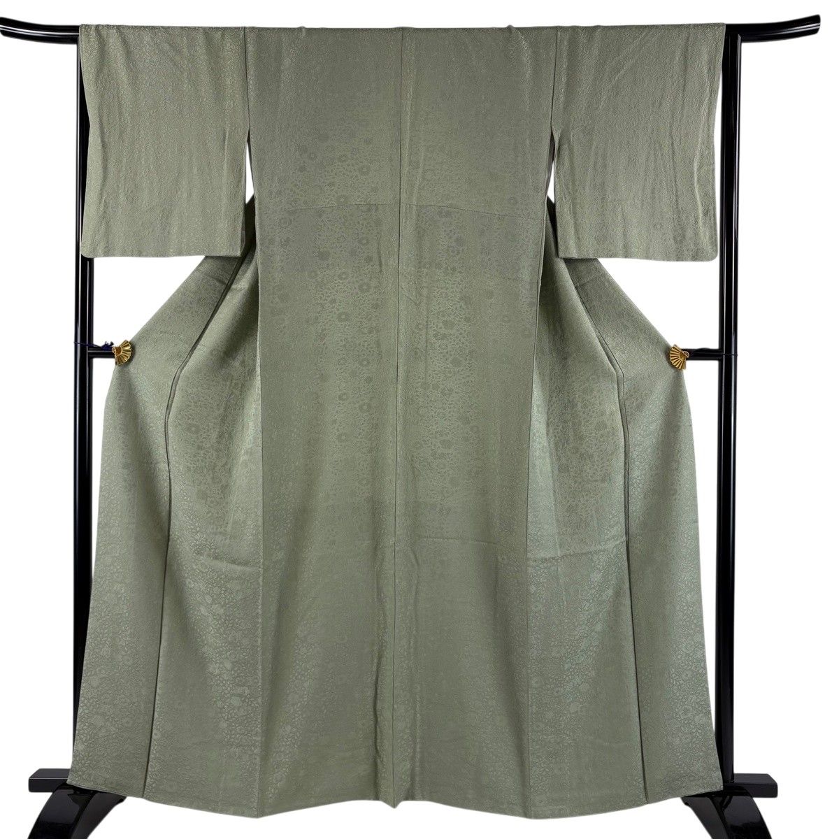 美品】 色無地 身丈159cm 裄丈66cm M 袷 地紋 灰緑 正絹 秀品 【中古