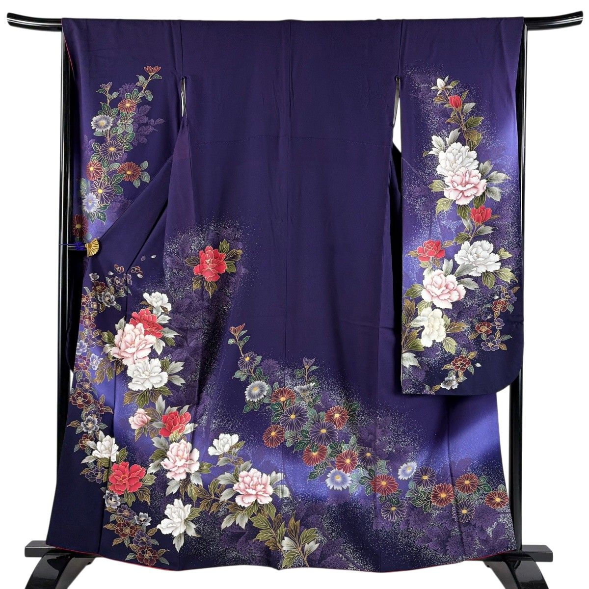 振袖 身丈161.5cm 裄丈66cm M 袷 牡丹 草花 金彩 ぼかし 紫 正絹 秀品