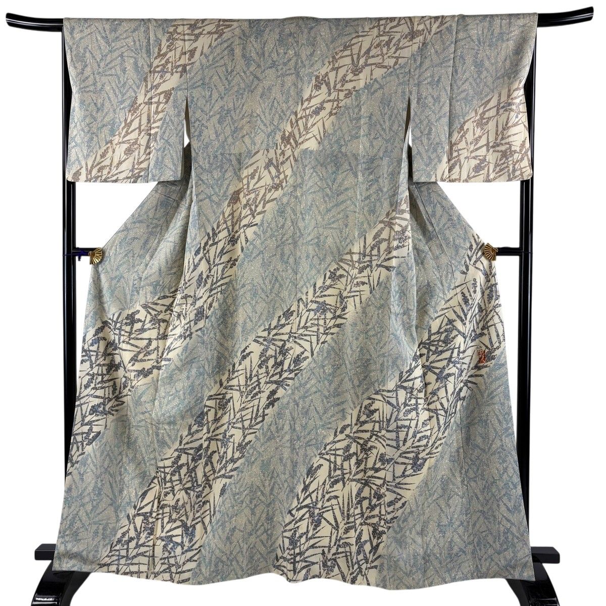 訪問着 身丈162.5cm 裄丈67cm M 袷 落款 葉柄 ベージュ 正絹 秀品 【中古】
