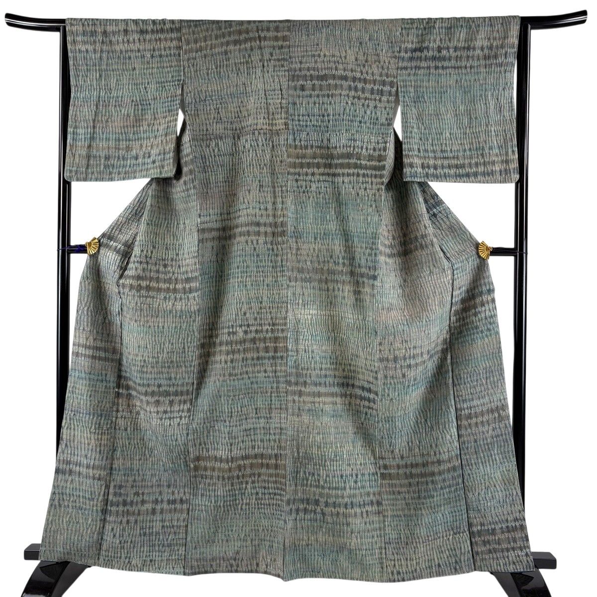 【美品】 小紋 身丈163cm 裄丈65cm M 袷 紬地 幾何学 絞り 灰緑 正絹 秀品 【中古】