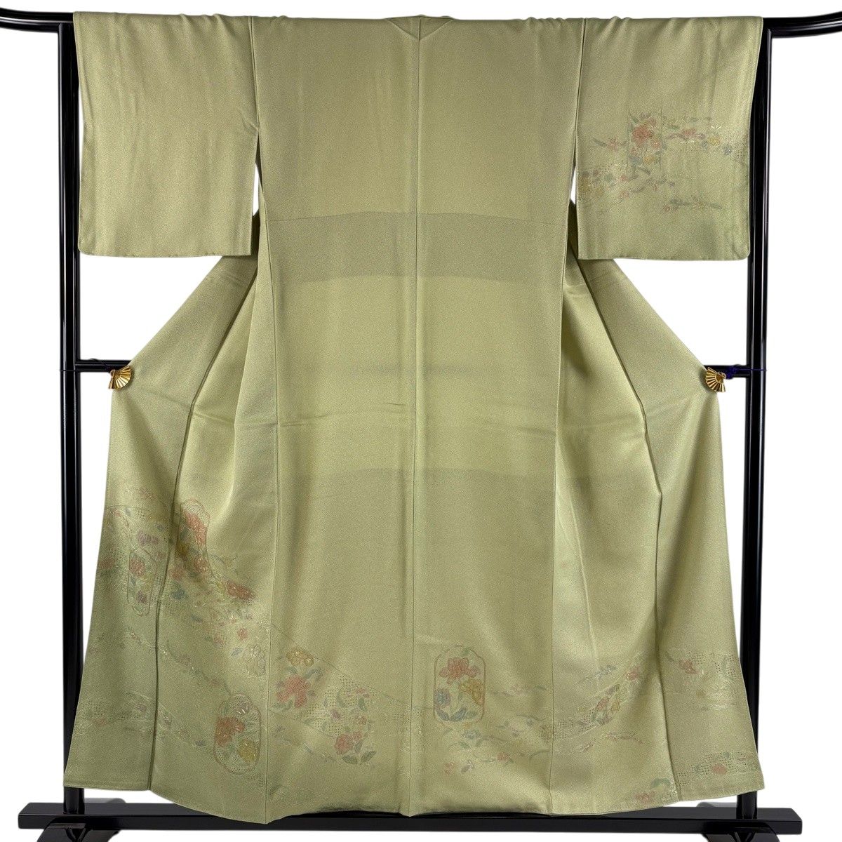 【美品】 付下げ 身丈155.5cm 裄丈64.5cm M 袷 草花 金糸 刺繍 薄緑 正絹 秀品 【中古】