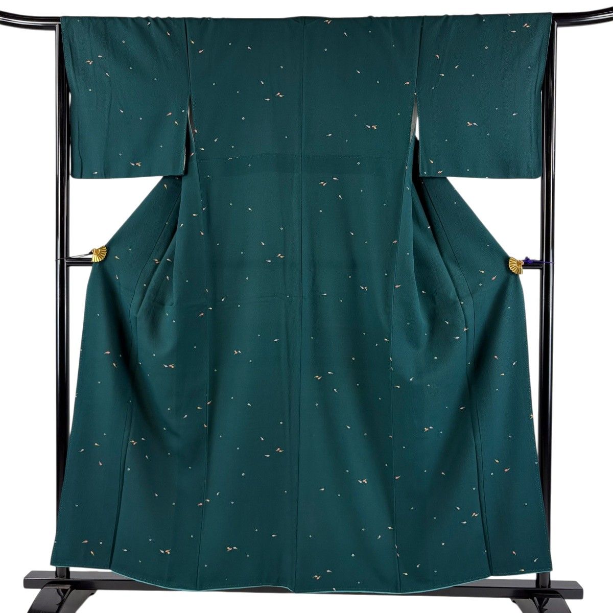 【美品】 小紋 身丈157.5cm 裄丈65.5cm M 袷 茄子 小花 縮緬 緑 正絹 秀品 【中古】