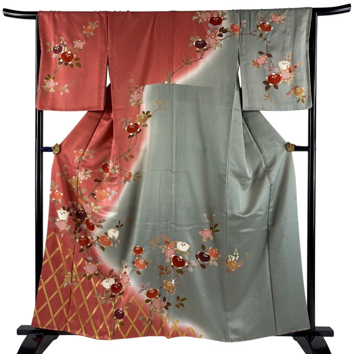 訪問着 身丈160cm 裄丈66.5cm M 袷 橘 金彩 染め分け 茜色 正絹 秀品 
