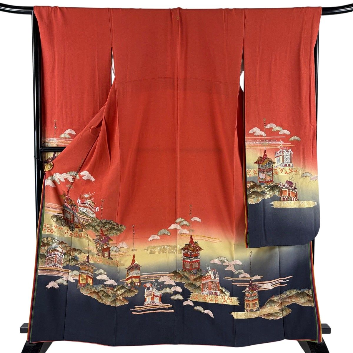 振袖 身丈163cm 裄丈68.5cm L 袷 山鉾 松 金彩 ぼかし 朱色 正絹 秀品 【中古】