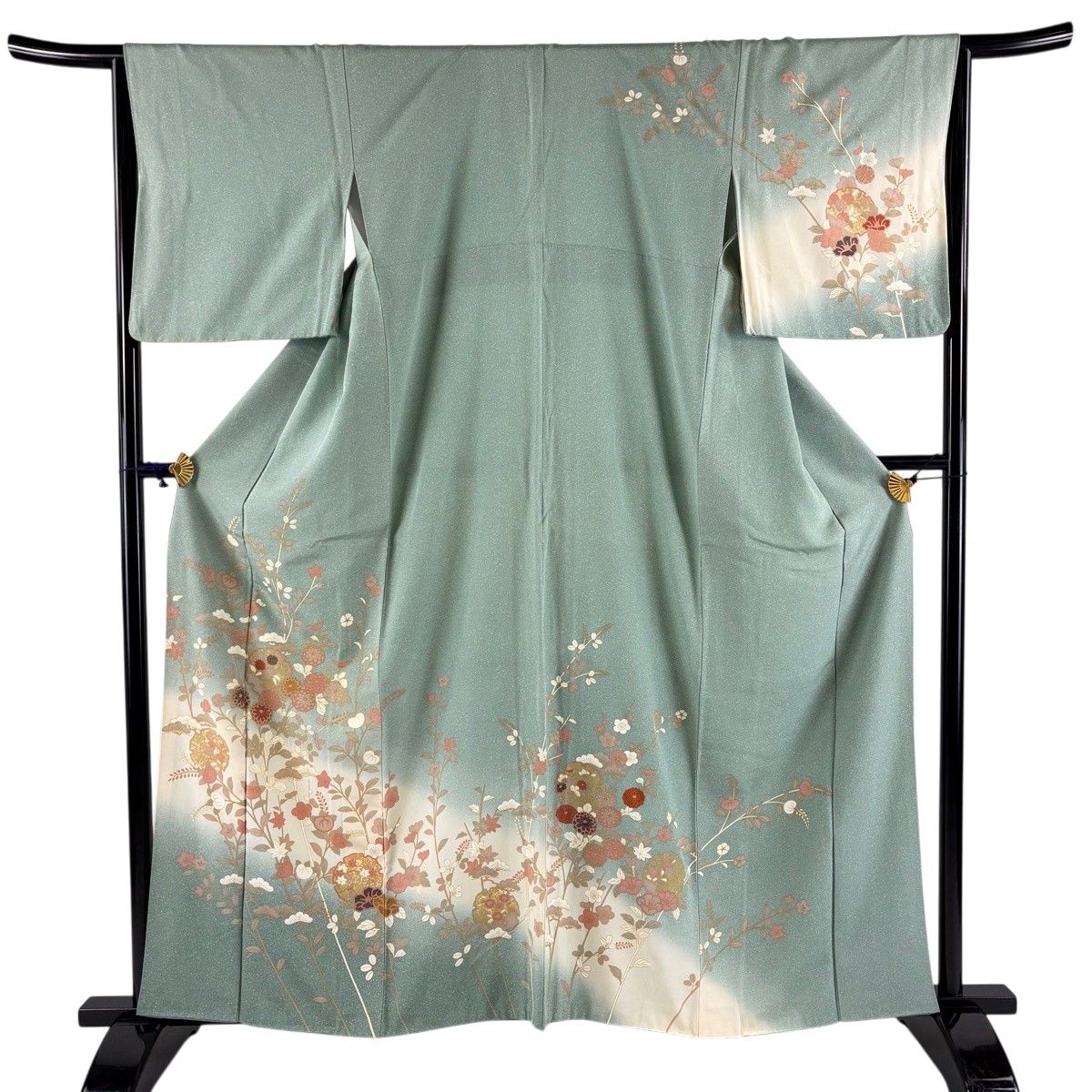 訪問着 身丈160.5cm 裄丈65.5cm M 袷 雪輪 菊 金彩 ぼかし 薄緑 正絹 秀品 【中古】