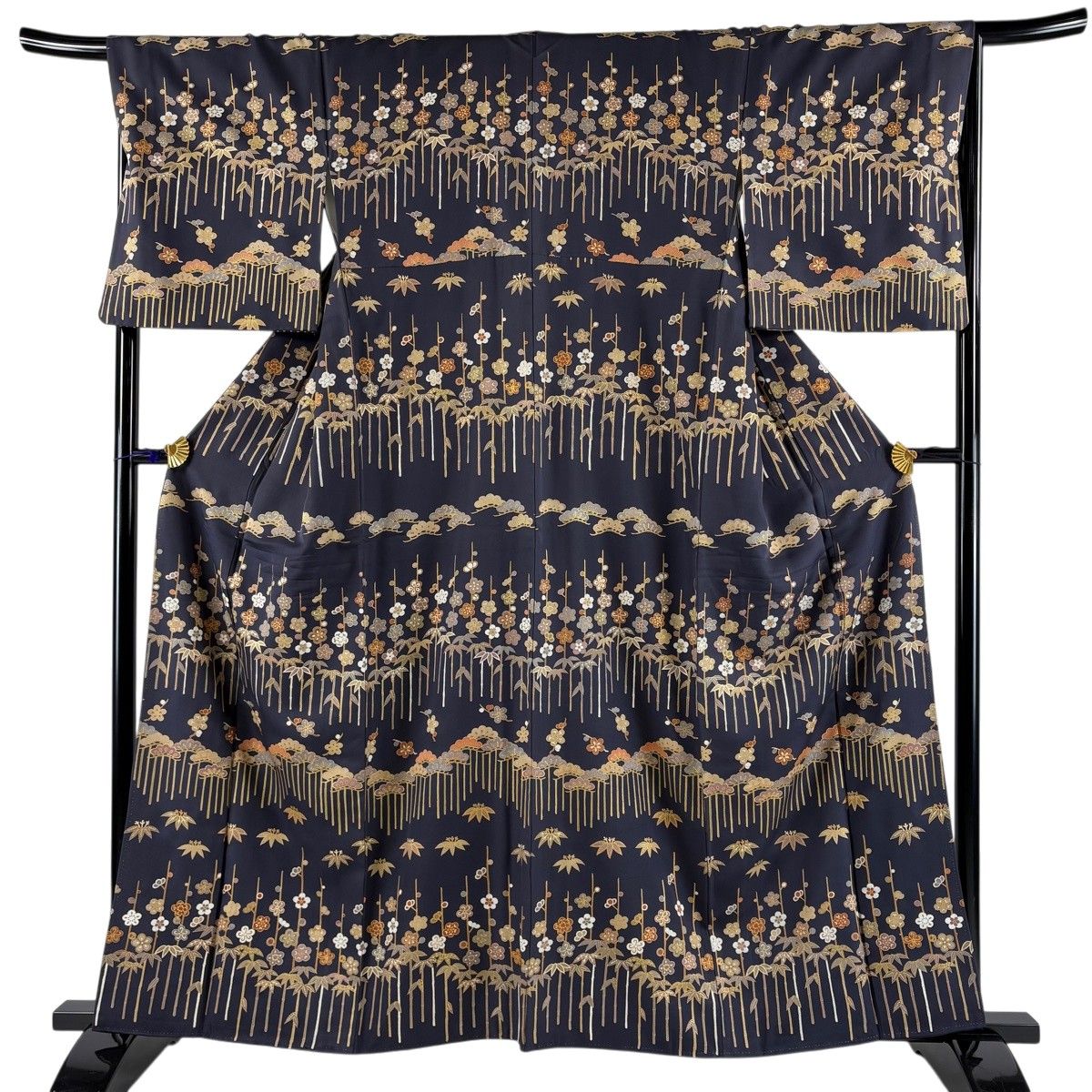 訪問着 身丈160cm 裄丈68cm L 袷 松竹梅 金彩 灰紫 正絹 秀品 【中古】