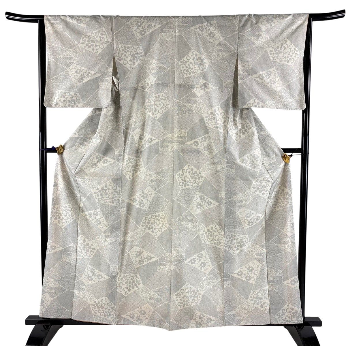紬 身丈160cm 裄丈64.5cm M 袷 花唐草 青海波 灰白 正絹 秀品 【中古】