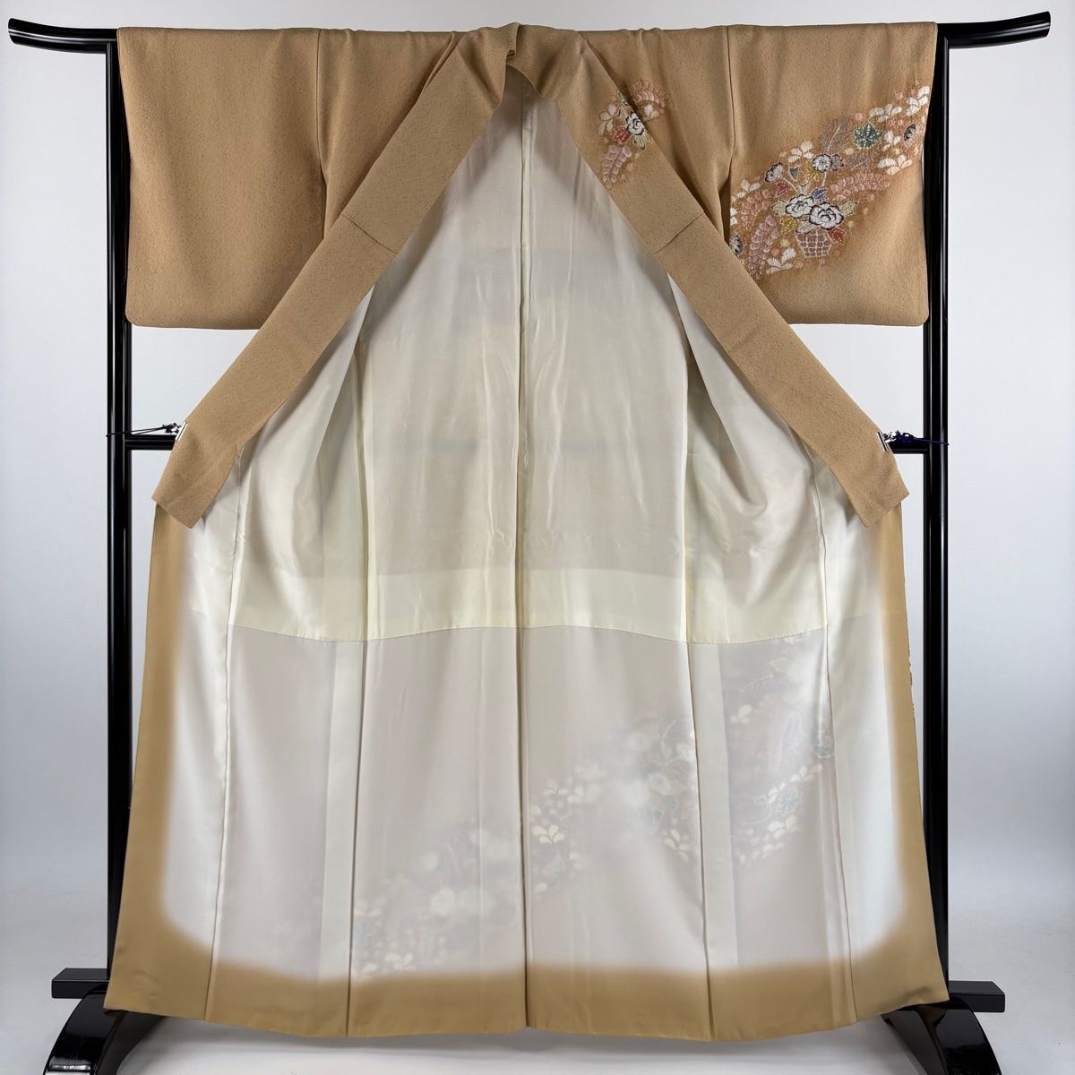 訪問着 身丈163cm 裄丈65cm M 袷 花車 ぼかし 絞り 薄茶色 正絹 秀品