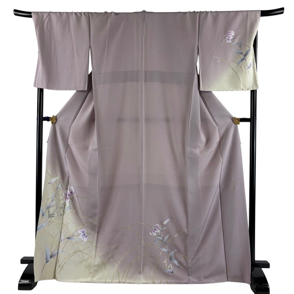 訪問着 身丈170cm 裄丈71cm L 袷 落款 草花 金銀彩 ぼかし 薄紫 正絹 秀品 【中古】