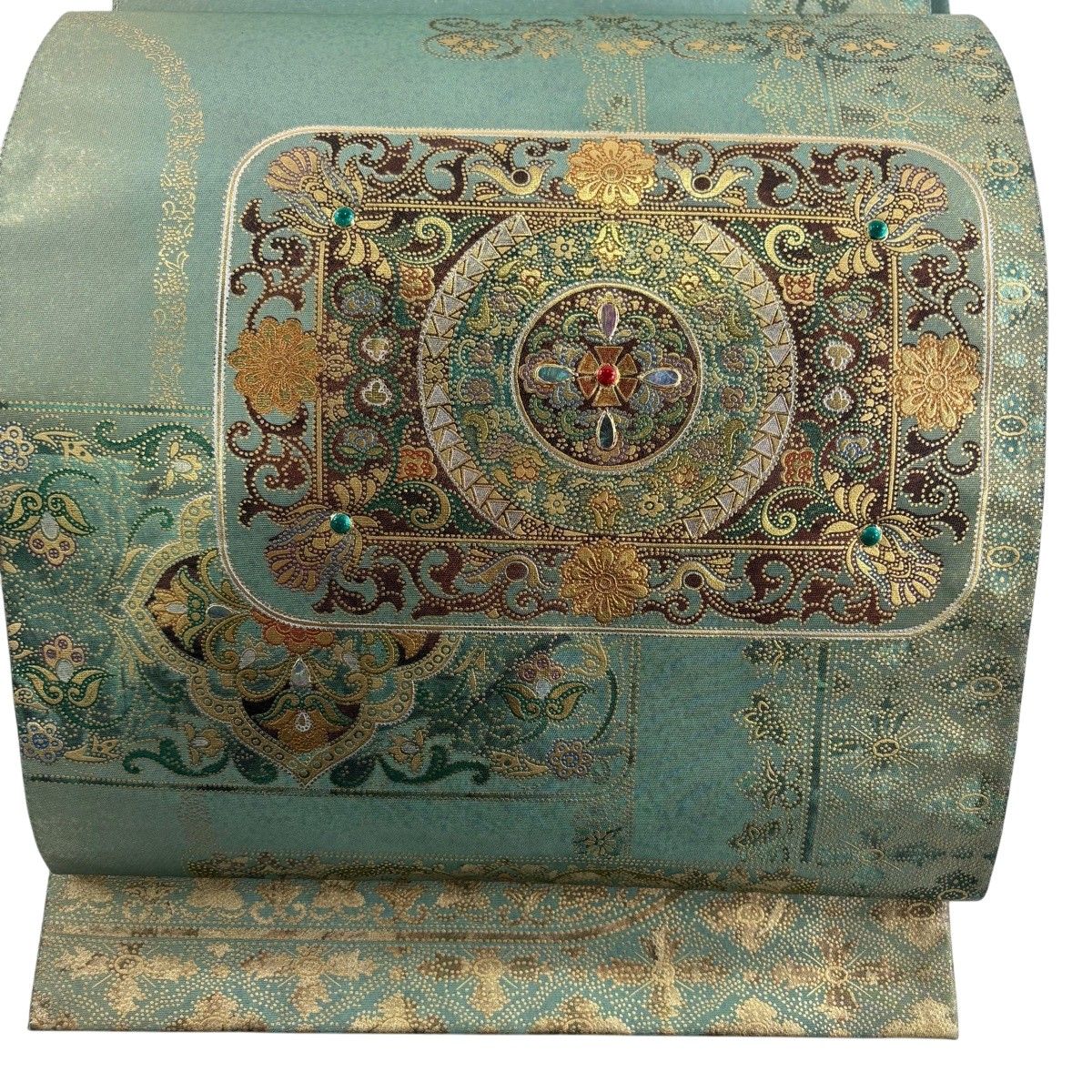 袋帯 秀品 華文 草花 金銀彩 螺鈿 緑 お太鼓柄 正絹 【中古】