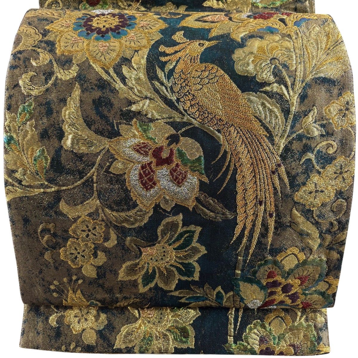 【美品】 袋帯 秀品 草花 鳥 箔 金糸 緑 六通 正絹 【中古】