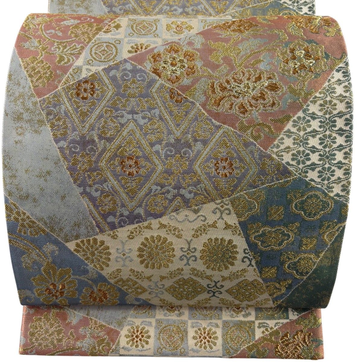 【美品】 袋帯 秀品 花唐草 七宝文 金糸 箔 クリーム 六通 正絹 【中古】