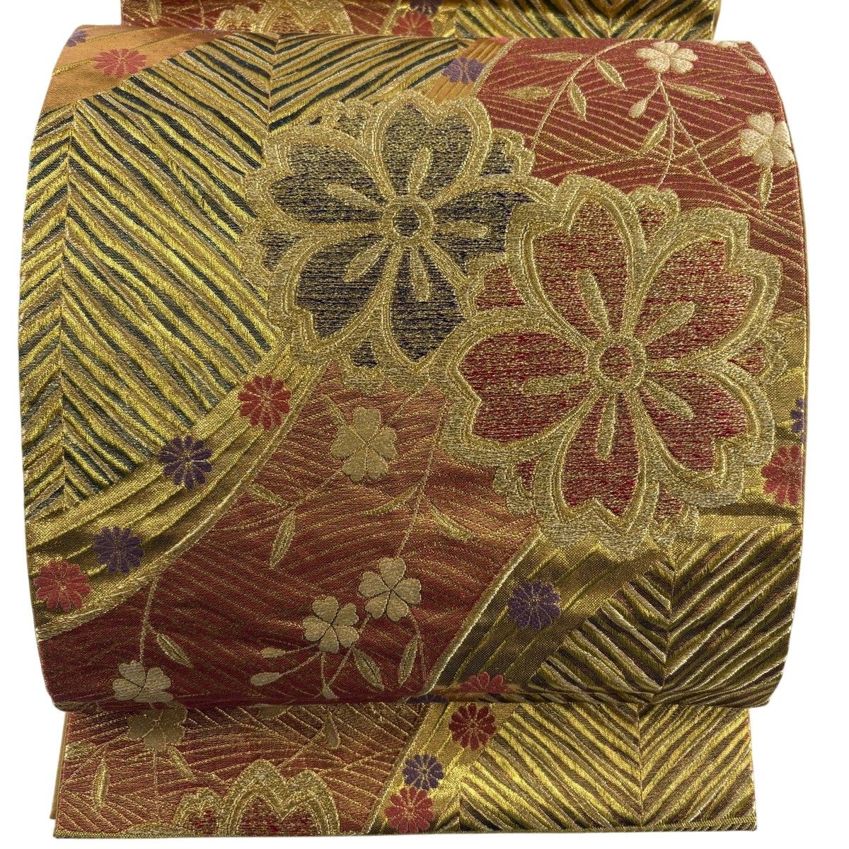 【美品】 袋帯 秀品 桜 波 金糸 箔 赤茶 六通 正絹 【中古】