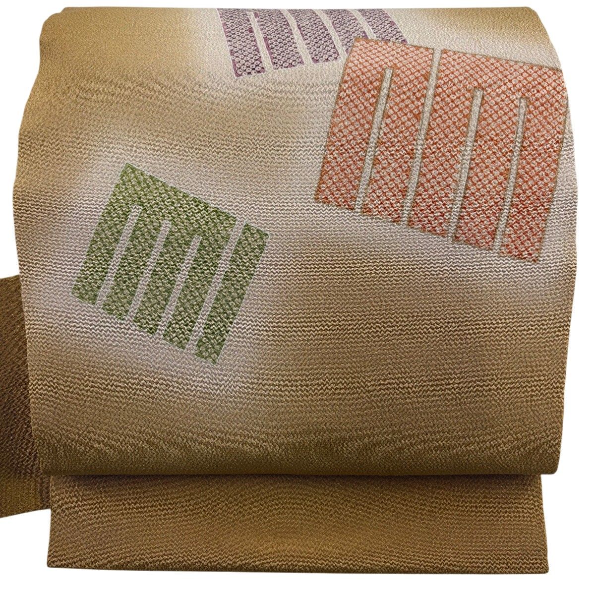 名古屋帯 秀品 源氏香 疋田 縮緬 金彩 黄土色 正絹 【中古】