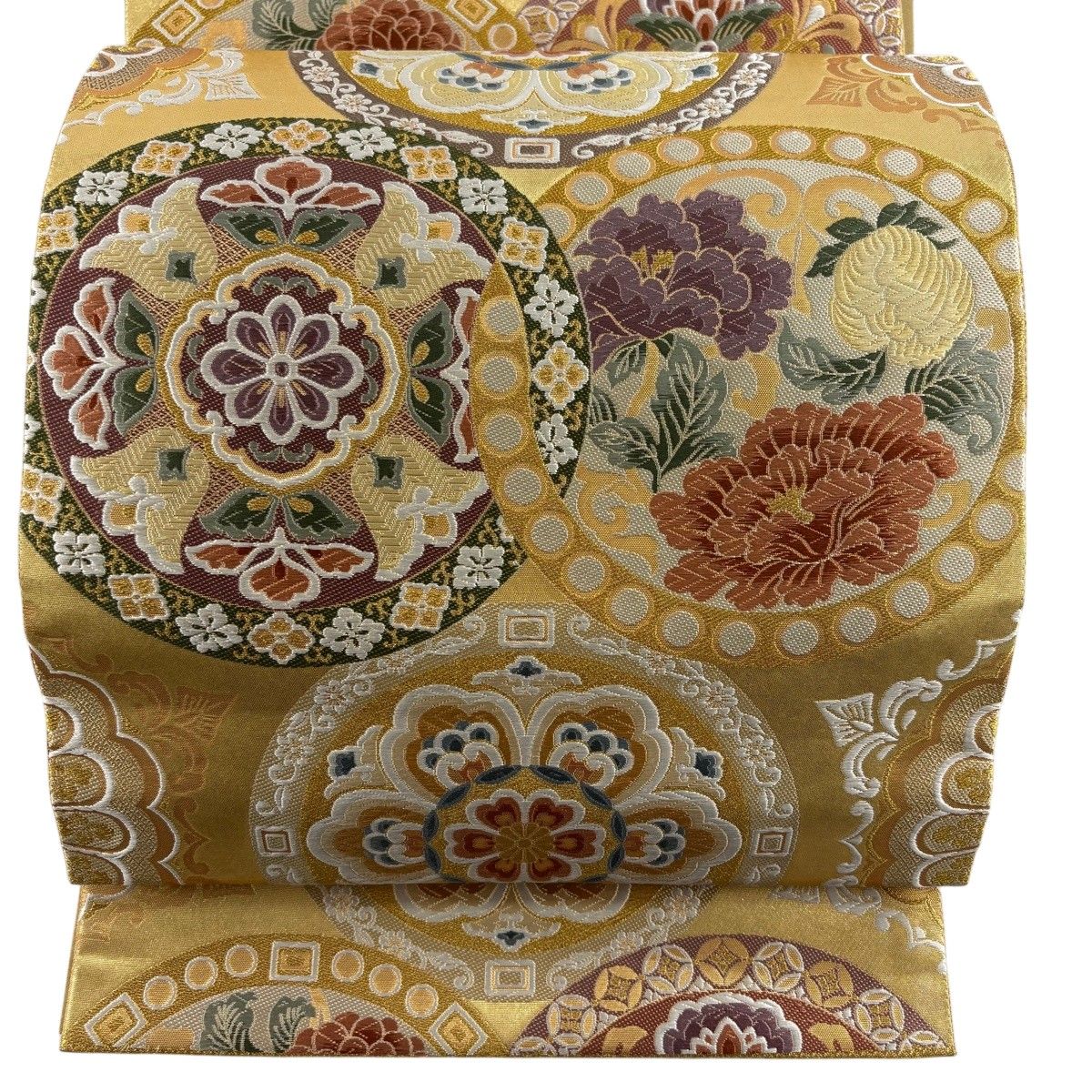 美品】 袋帯 秀品 関西仕立て 華文 草花 唐織 金糸 金色 六通 正絹
