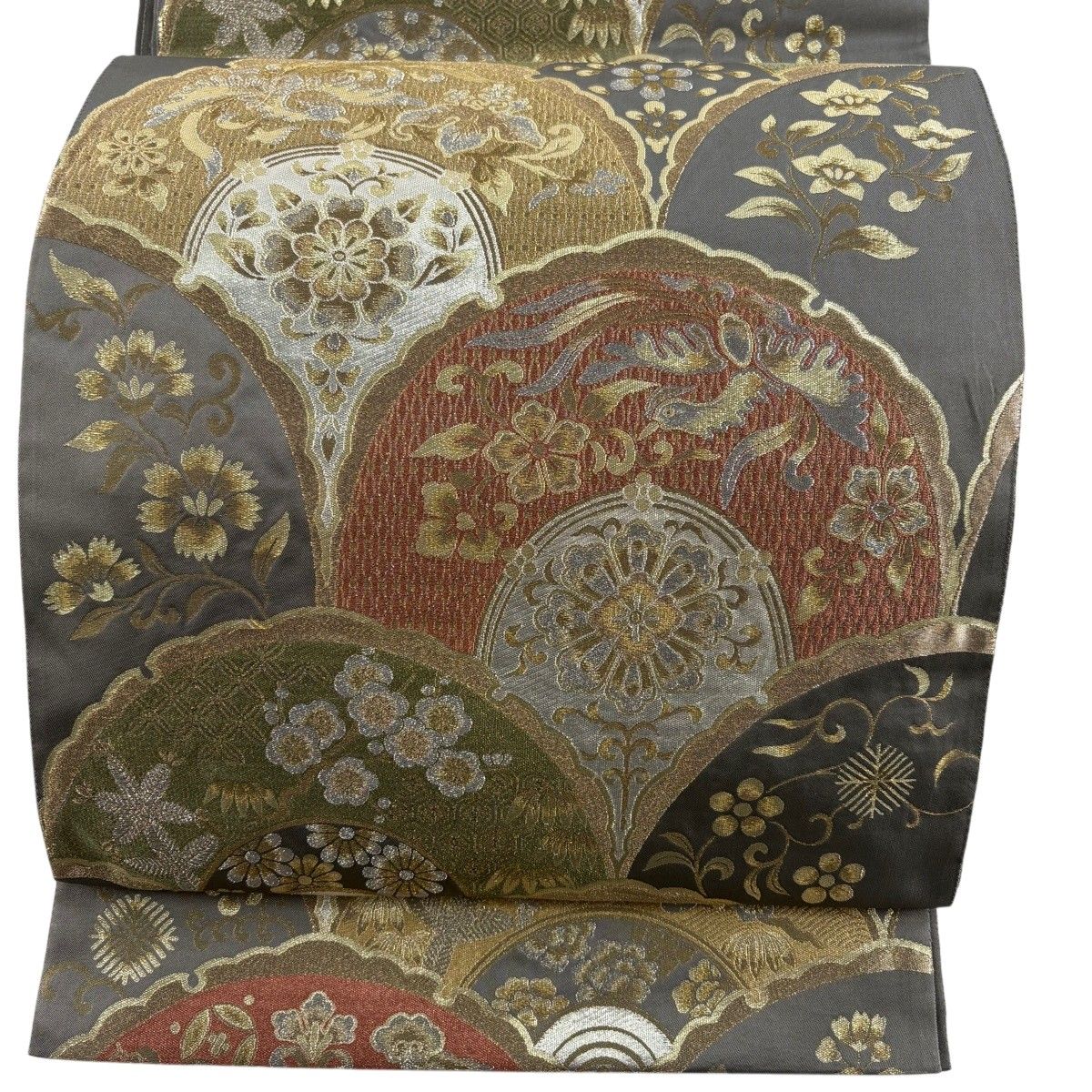 【美品】 袋帯 秀品 青海波 花鳥 金銀糸 灰緑 六通 正絹 【中古】