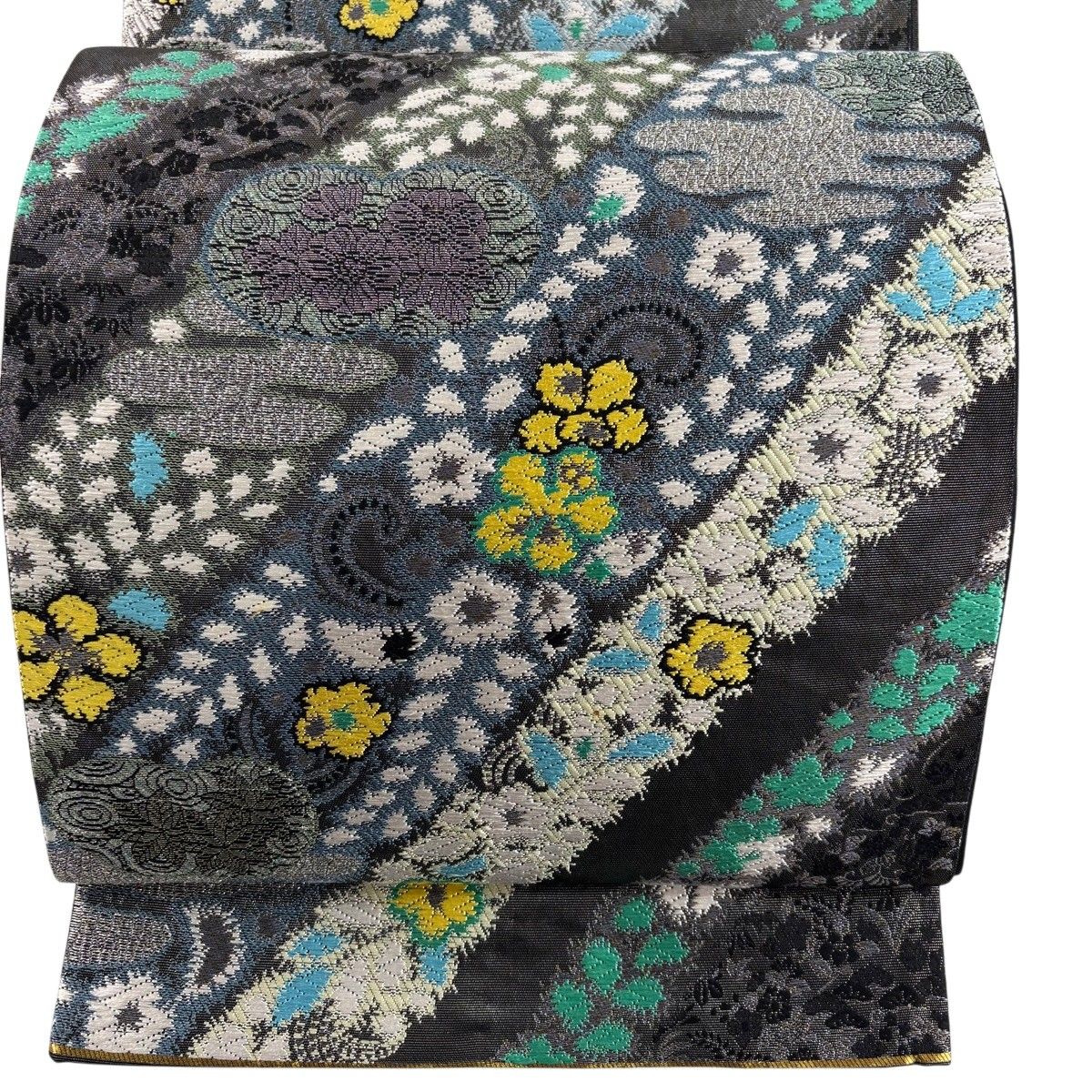 【美品】 袋帯 秀品 草花 金銀糸 箔 灰色 六通 正絹 【中古】