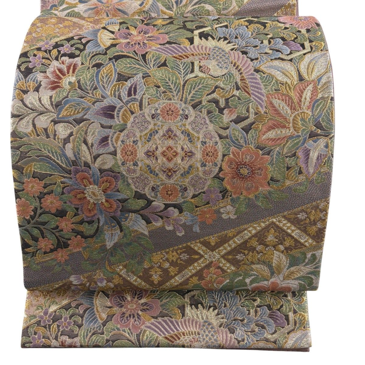 【美品】 袋帯 秀品 草花 鳥 金糸 箔 薄紫 六通 正絹 【中古】