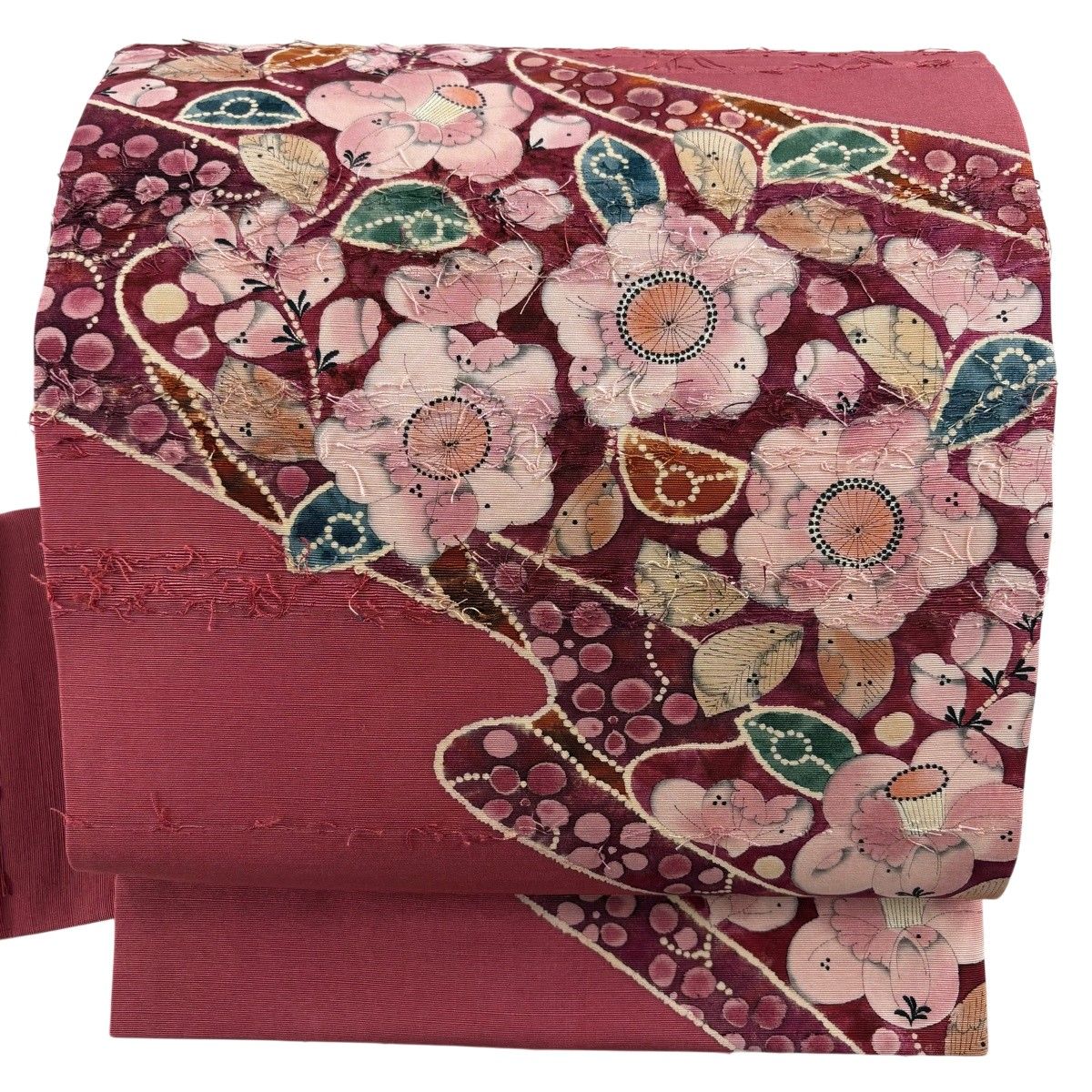 【美品】 名古屋帯 秀品 落款 髭紬地 辻ヶ花柄 流水 茜色 正絹 【中古】