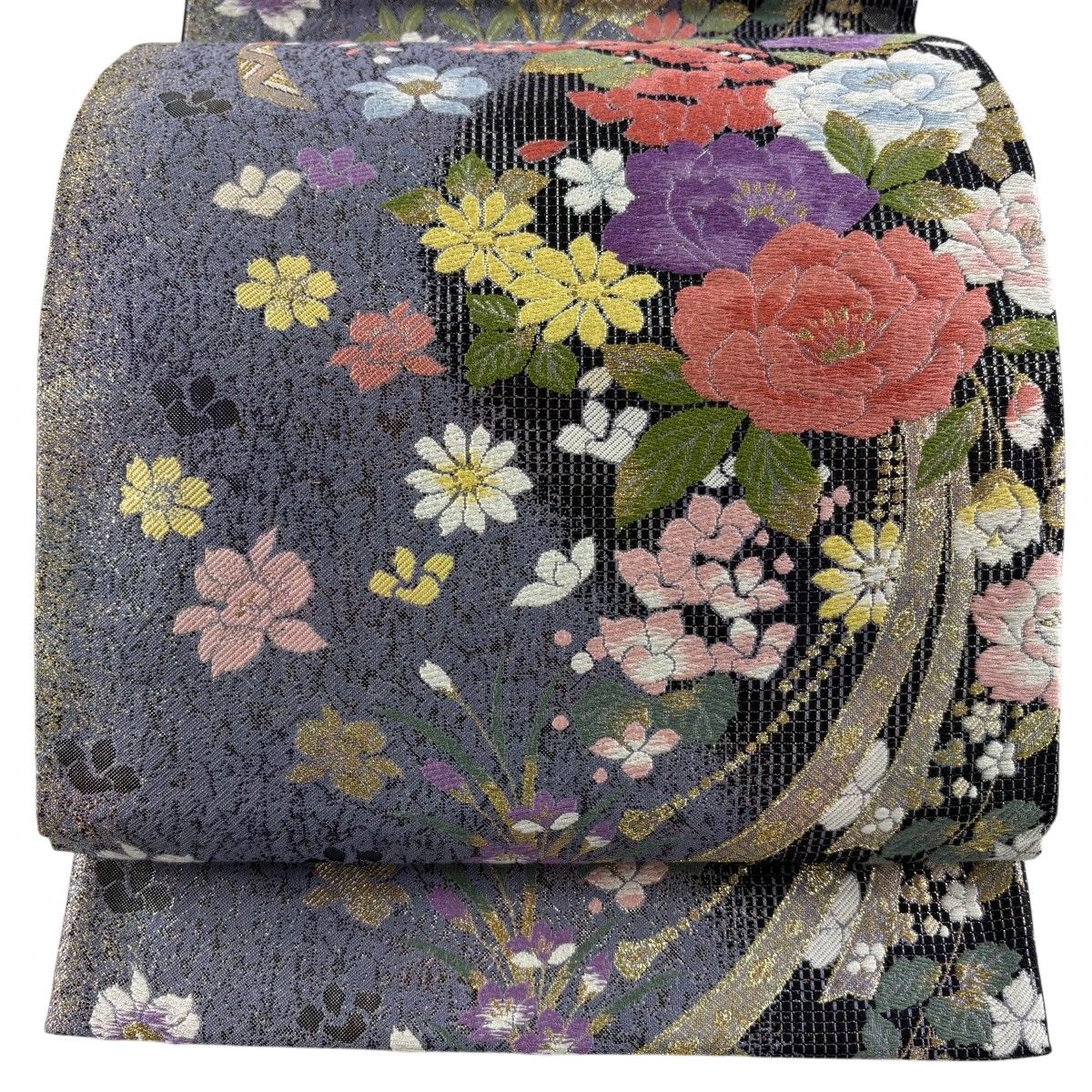 美品】 袋帯 秀品 関西仕立て 華文 草花 唐織 金糸 金色 六通 正絹