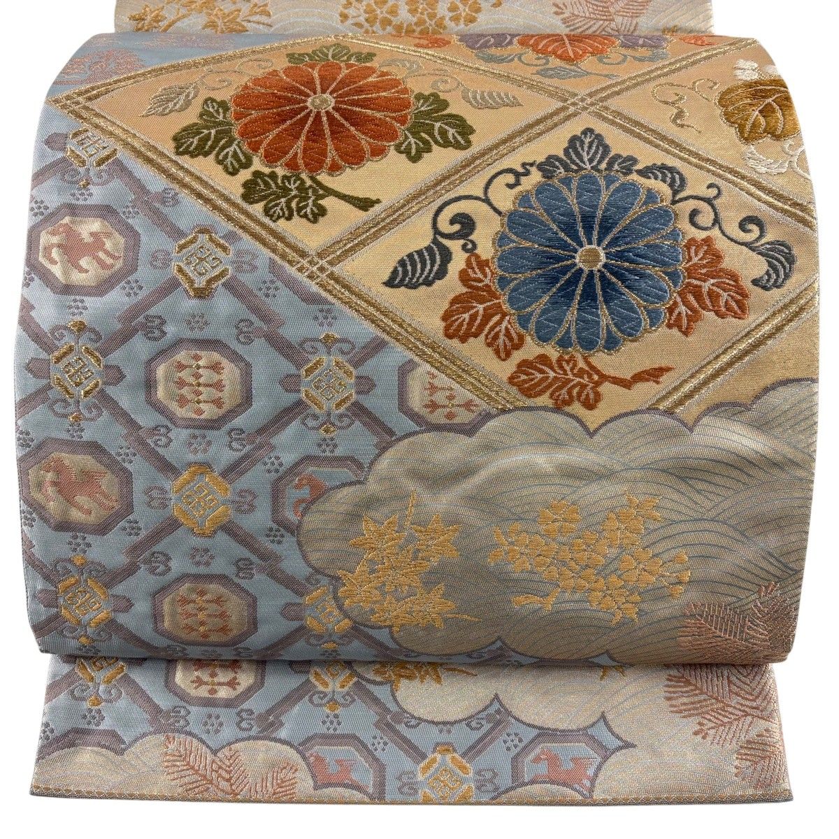 【美品】 袋帯 秀品 関西仕立て 菊 桐 刺繍 金糸 青灰色 六通 正絹 【中古】