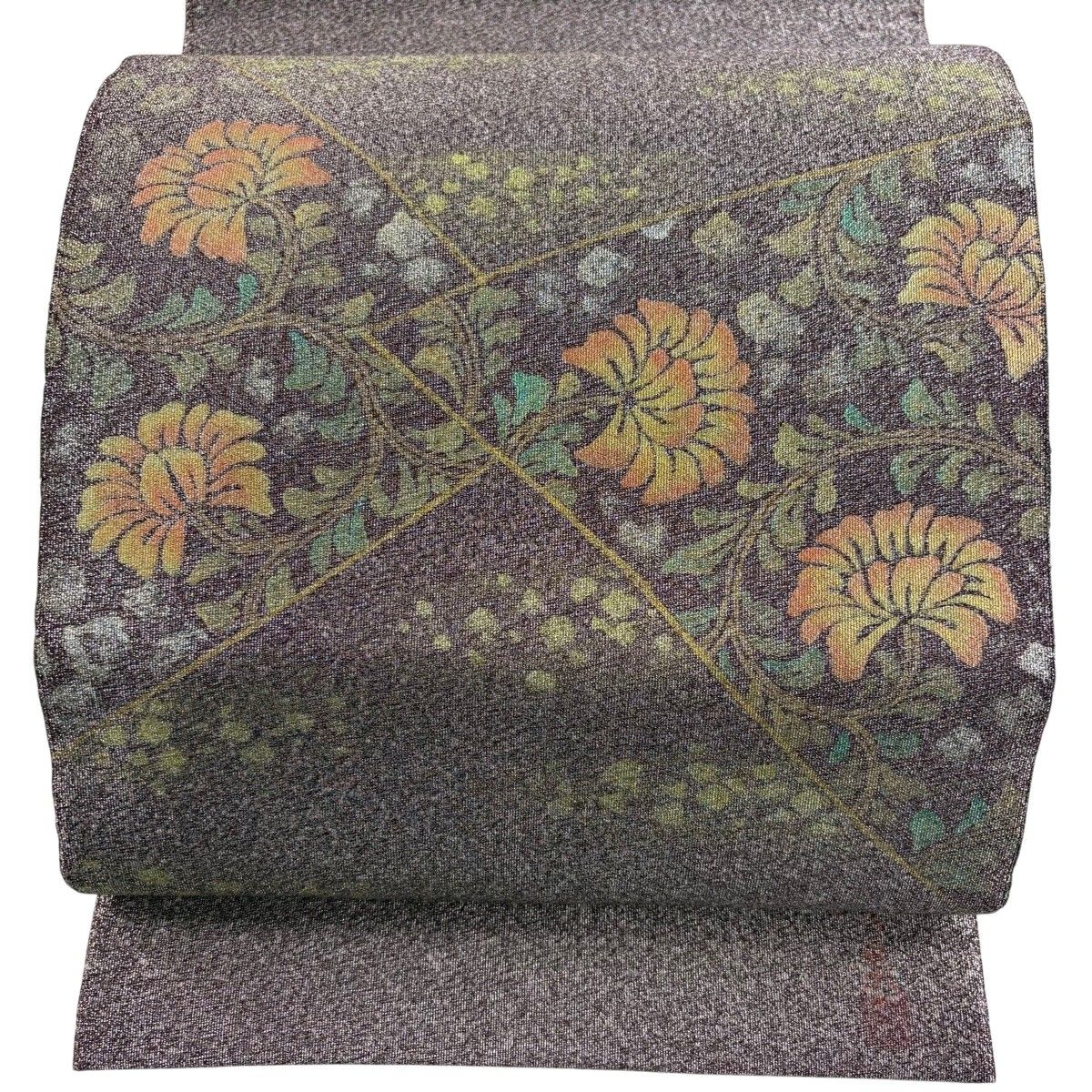 袋帯 秀品 落款 花唐草 銀糸 金銀彩 紫 お太鼓柄 正絹 【中古】