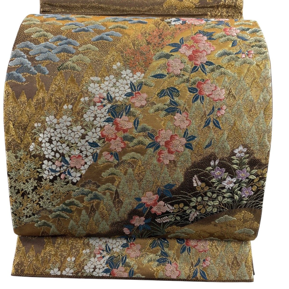 袋帯 秀品 関西仕立て 翠祥錦 枝垂れ桜 松 刺繍 箔 金茶 六通 正絹 【中古】