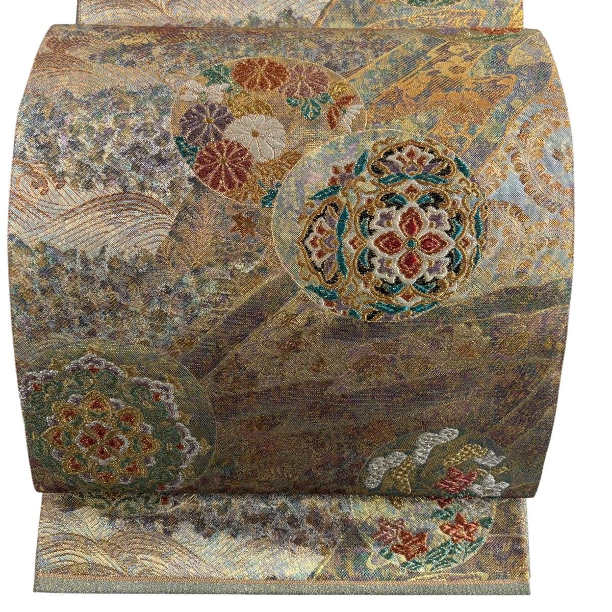 袋帯 秀品 関西仕立て 輝煌綴 華文 菊 金糸 箔 灰緑 六通 正絹 【中古】