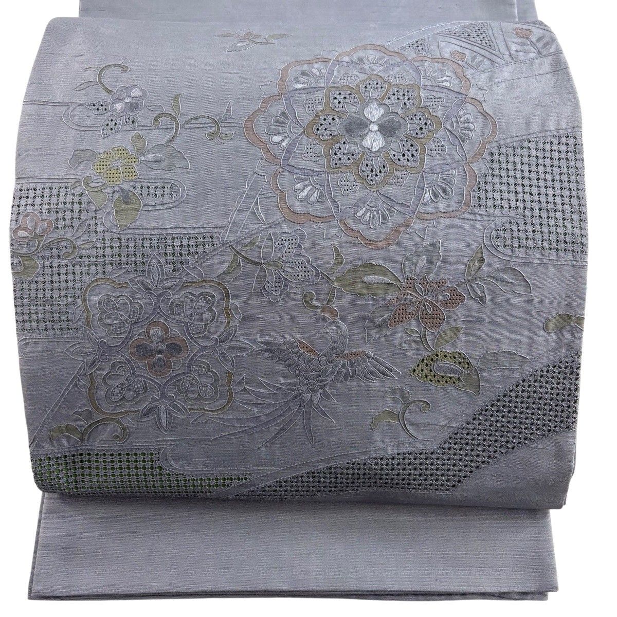 袋帯 秀品 紬地 華文 尾長鳥 蘇州刺繍 青灰色 お太鼓柄 正絹 【中古】