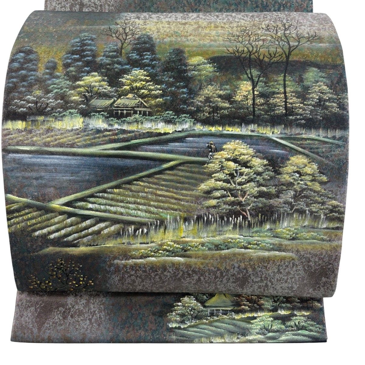 【美品】 袋帯 秀品 落款 風景 樹木 箔 灰緑 お太鼓柄 正絹 【中古】