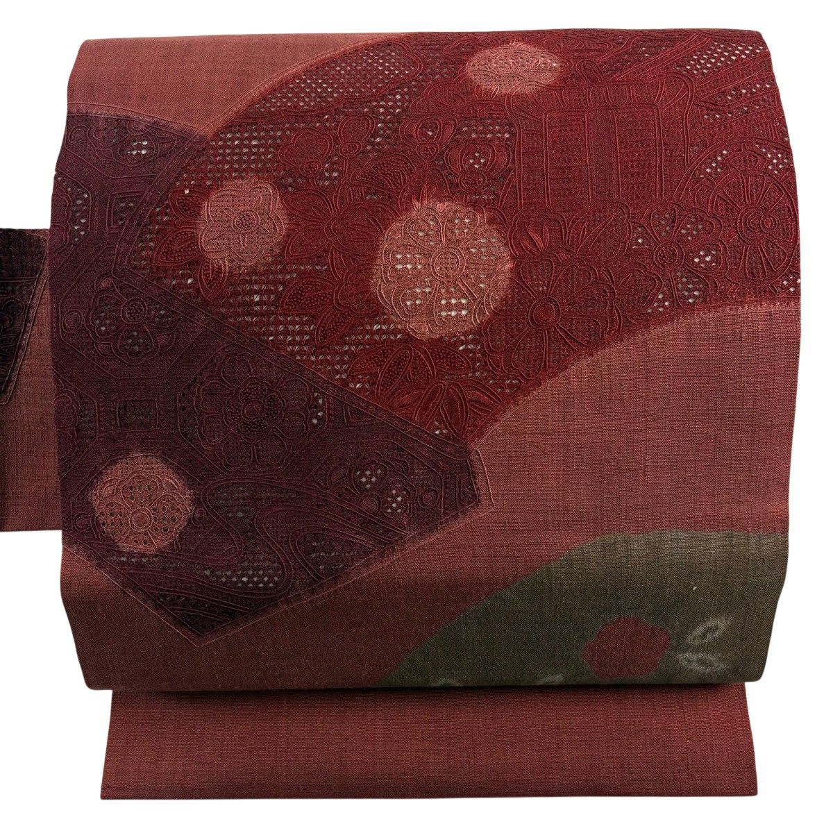 名古屋帯 秀品 紬地 扇面 松竹梅 刺繍 赤茶 正絹 【中古】