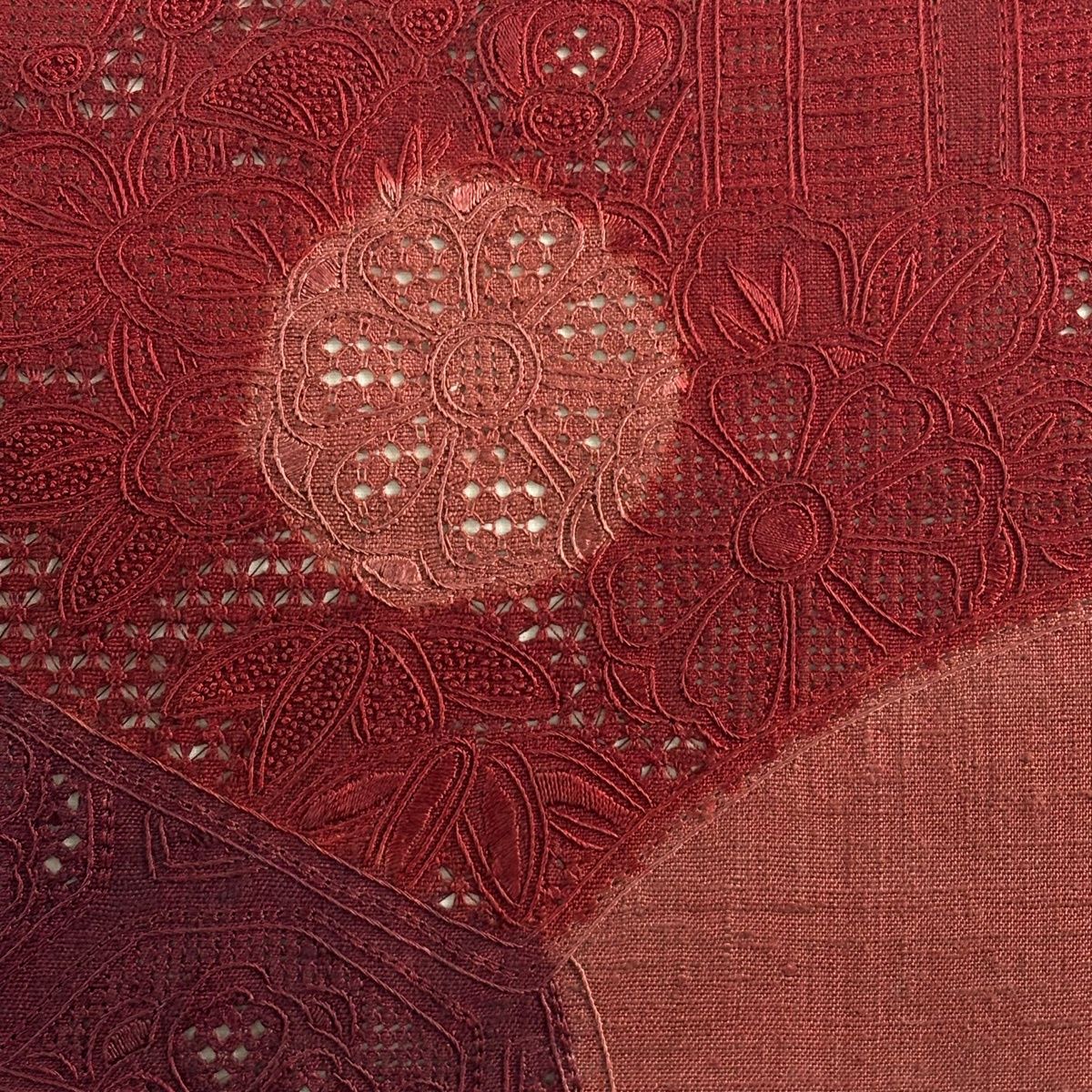 名古屋帯 秀品 紬地 扇面 松竹梅 刺繍 赤茶 正絹 【中古】