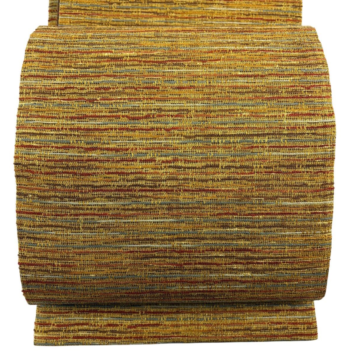 【美品】 袋帯 秀品 紬地 縞 幾何学模様 金通し 山吹茶色 六通 正絹 【中古】