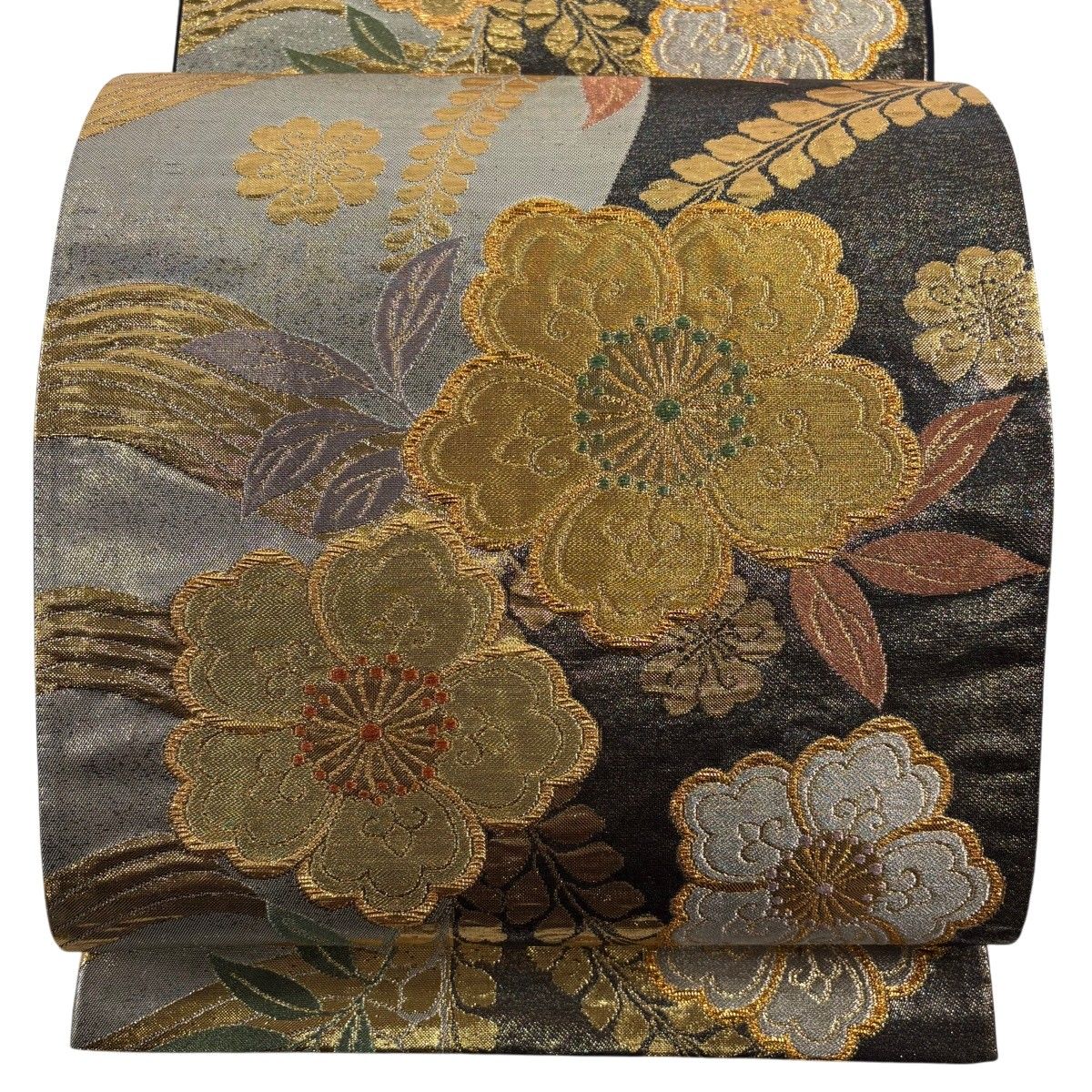 袋帯 秀品 草花 流水 金銀糸 箔 黒 六通 正絹 【中古】